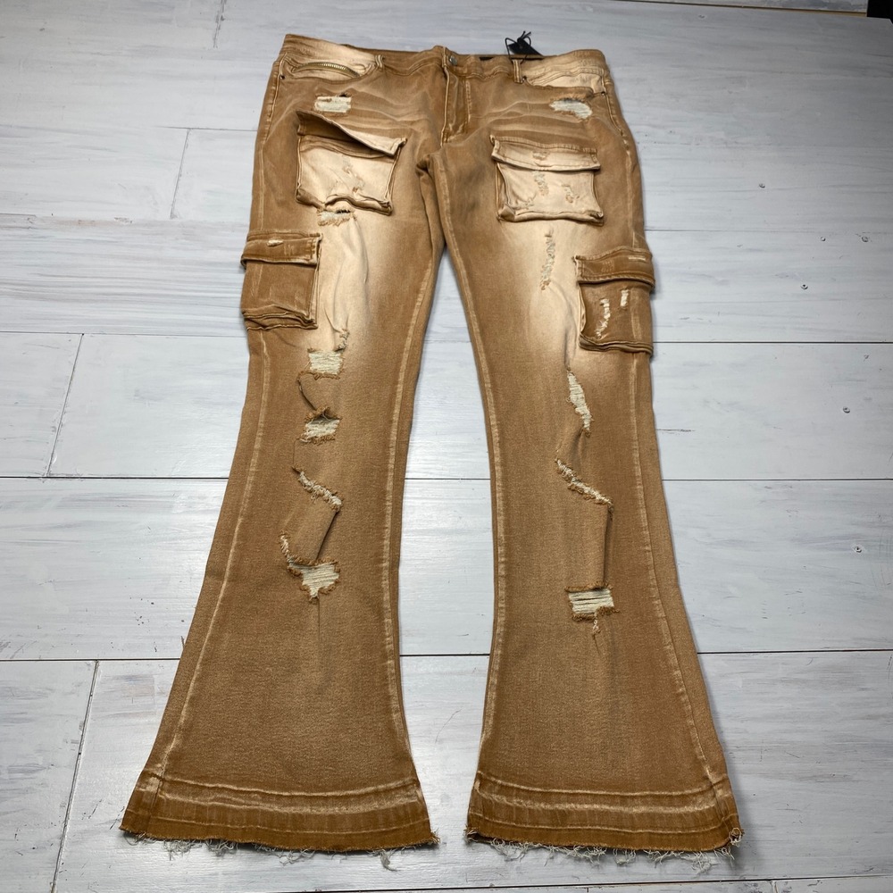 Rockstar Original Zaid Stacked Flare Jeans Mens 44 Beige Distressed Cargo Pants